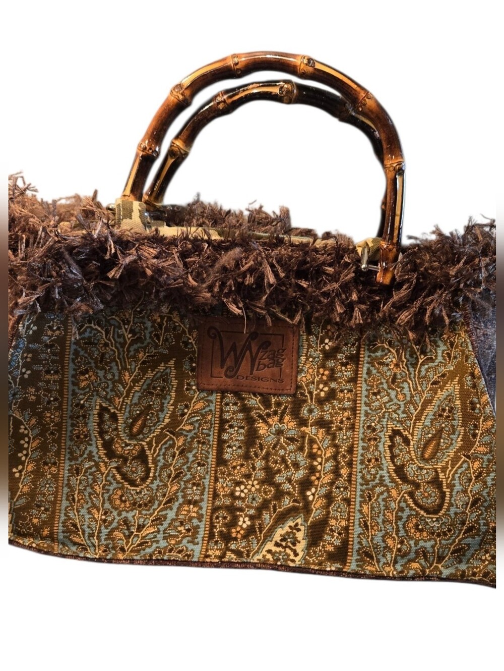 WN Zag Bag Customized Brown & Teal Paisley Tote with Bamboo Handles